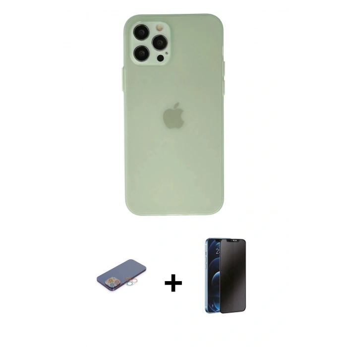 MARSİLYAN™- iPhone 12 Pro Max Kılıf Atlas Minimal Prime - Siyah 3D Antistatik Hayalet Cam Ekran Koruyucu + Renkli Kamera Lens Koruma Cam - PE