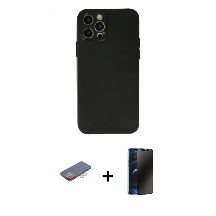 MARSİLYAN™- iPhone 12 Pro Max Kılıf Atlas Minimal Prime - Siyah 3D Antistatik Hayalet Cam Ekran Koruyucu + Renkli Kamera Lens Koruma Cam - TU