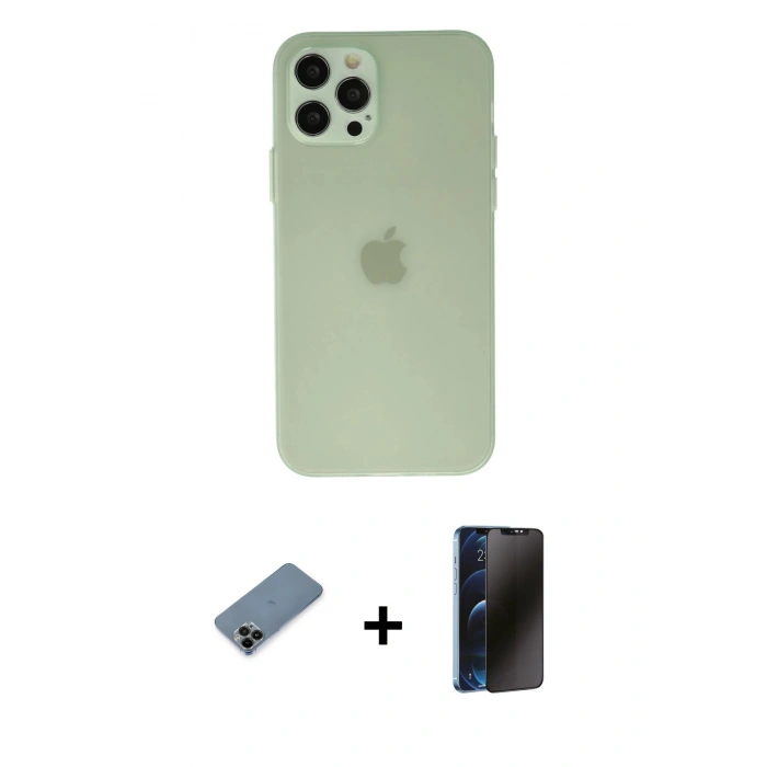 MARSİLYAN™- iPhone 12 Pro Max Kılıf Atlas Minimal Prime - Siyah 3D Antistatik Hayalet Cam Ekran Koruyucu + Shine Kamera Lens Koruma Cam - SH