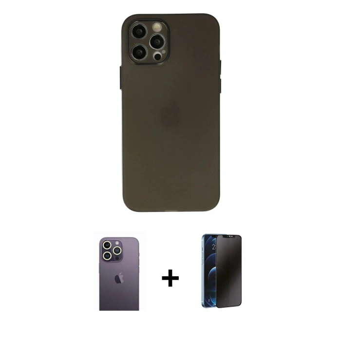 MARSİLYAN™- iPhone 12 Pro Max Kılıf Atlas Minimal Prime - Siyah 3D Antistatik Hayalet Cam Ekran Koruyucu + Neon Fosforlu Kamera Lens - BZ