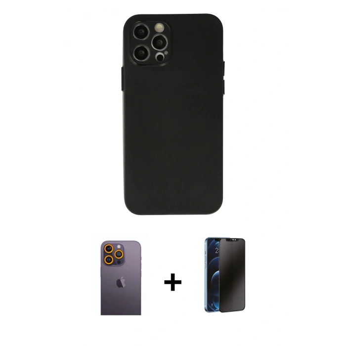MARSİLYAN™- iPhone 12 Pro Max Kılıf Atlas Minimal Prime - Siyah 3D Antistatik Hayalet Cam Ekran Koruyucu + Neon Fosforlu Kamera Lens - SI