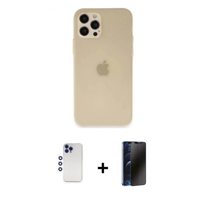 MARSİLYAN™- iPhone 12 Pro Max Kılıf Atlas Minimal Prime - Siyah 3D Antistatik Hayalet Cam Ekran Koruyucu + Shine Kamera Lens - LT