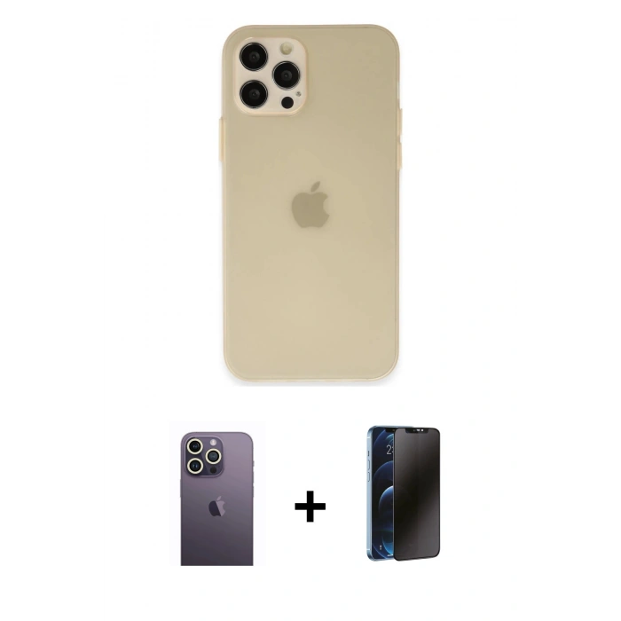 MARSİLYAN™- iPhone 12 Pro Max Kılıf Atlas Minimal Prime - Siyah 3D Antistatik Hayalet Cam Ekran Koruyucu + Neon Fosforlu Kamera Lens - BZ