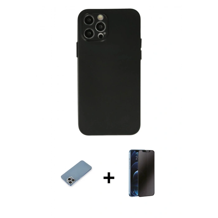 MARSİLYAN™- iPhone 12 Pro Max Kılıf Atlas Minimal Prime - Siyah 3D Antistatik Hayalet Cam Ekran Koruyucu + Shine Kamera Lens Koruma Cam - GI