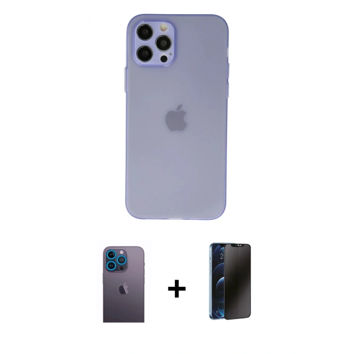MARSİLYAN™- iPhone 12 Pro Max Kılıf Atlas Minimal Prime - Siyah 3D Antistatik Hayalet Cam Ekran Koruyucu + Neon Fosforlu Kamera Lens - MI