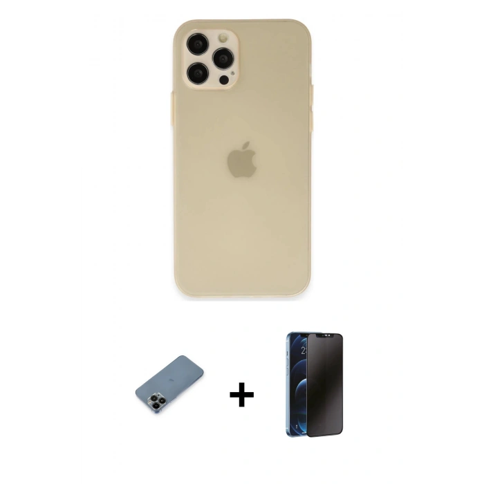 MARSİLYAN™- iPhone 12 Pro Max Kılıf Atlas Minimal Prime - Siyah 3D Antistatik Hayalet Cam Ekran Koruyucu + Shine Kamera Lens Koruma Cam - SH
