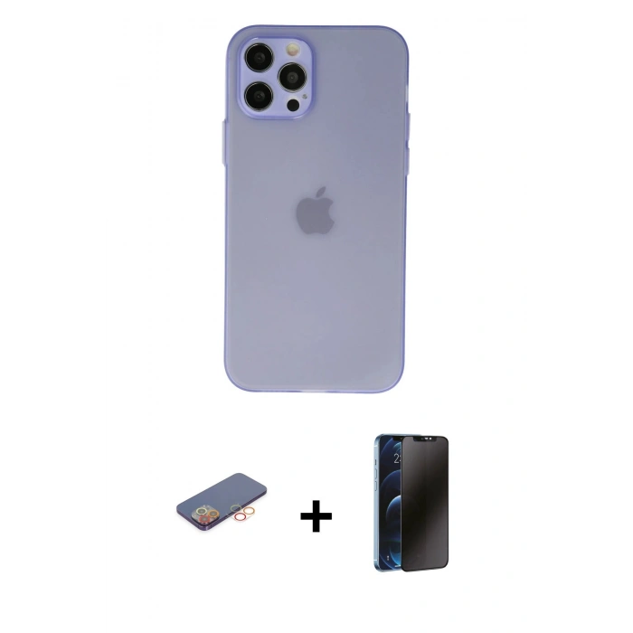 MARSİLYAN™- iPhone 12 Pro Max Kılıf Atlas Minimal Prime - Siyah 3D Antistatik Hayalet Cam Ekran Koruyucu + Renkli Kamera Lens Koruma Cam - TU