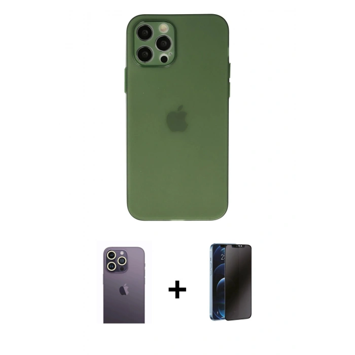 MARSİLYAN™- iPhone 12 Pro Max Kılıf Atlas Minimal Prime - Siyah 3D Antistatik Hayalet Cam Ekran Koruyucu + Neon Fosforlu Kamera Lens - BZ