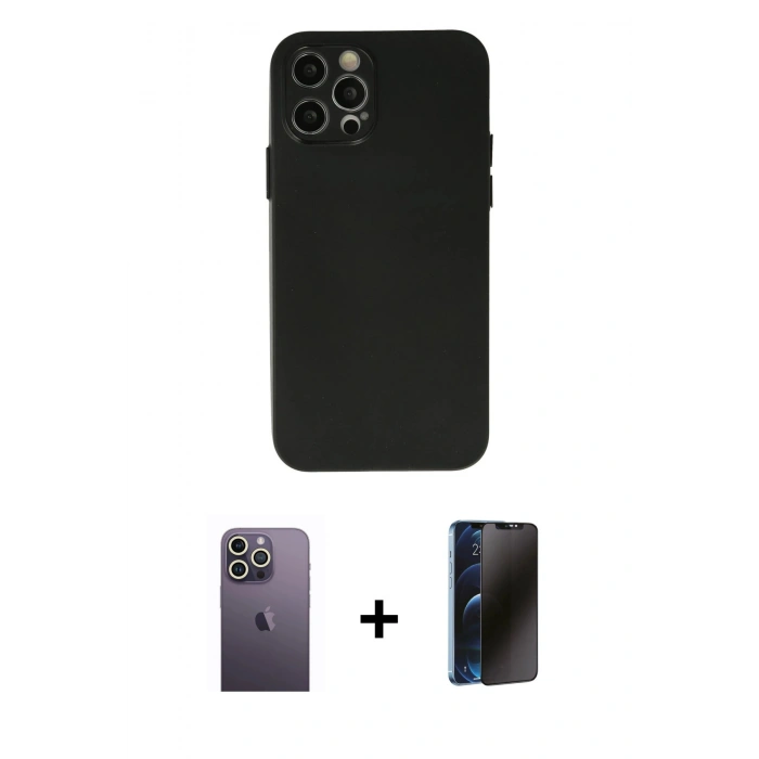 MARSİLYAN™- iPhone 12 Pro Max Kılıf Atlas Minimal Prime - Siyah 3D Antistatik Hayalet Cam Ekran Koruyucu + Neon Fosforlu Kamera Lens - BZ