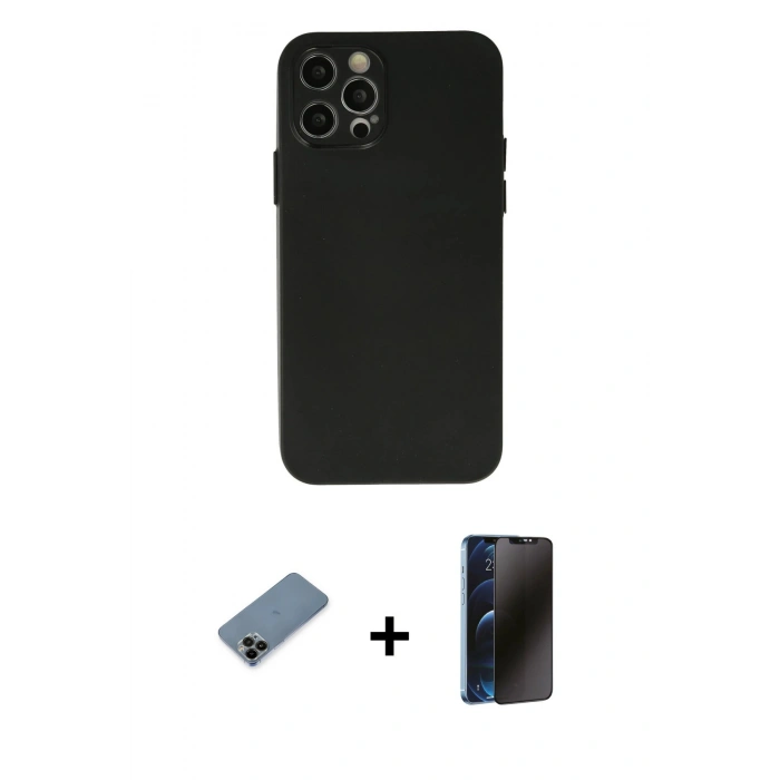 MARSİLYAN™- iPhone 12 Pro Max Kılıf Atlas Minimal Prime - Siyah 3D Antistatik Hayalet Cam Ekran Koruyucu + Shine Kamera Lens Koruma Cam - SH