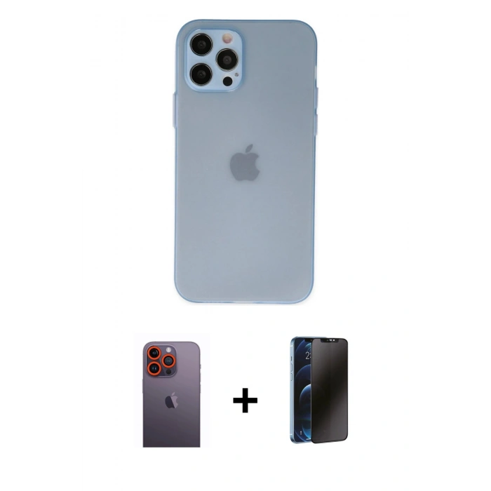 MARSİLYAN™- iPhone 12 Pro Max Kılıf Atlas Minimal Prime - Siyah 3D Antistatik Hayalet Cam Ekran Koruyucu + Neon Fosforlu Kamera Lens - TU