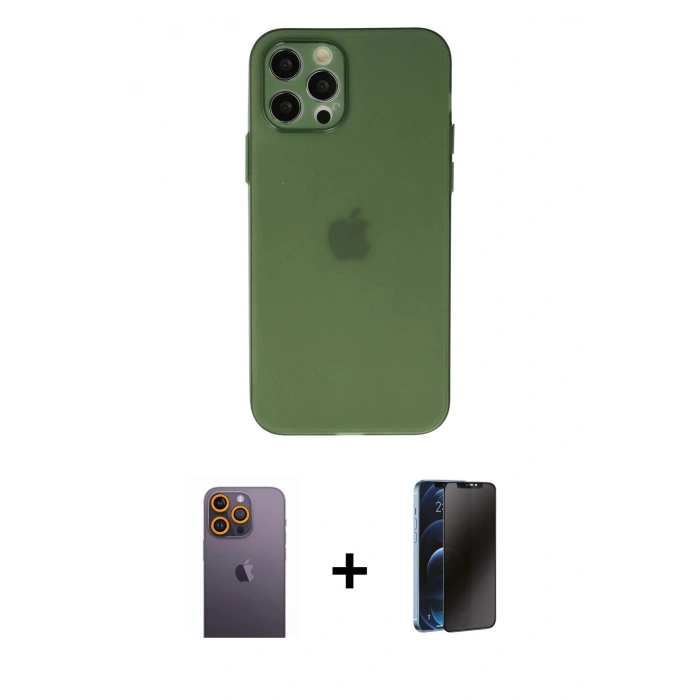 MARSİLYAN™- iPhone 12 Pro Max Kılıf Atlas Minimal Prime - Siyah 3D Antistatik Hayalet Cam Ekran Koruyucu + Neon Fosforlu Kamera Lens - SI