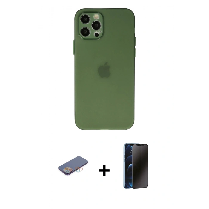MARSİLYAN™- iPhone 12 Pro Max Kılıf Atlas Minimal Prime - Siyah 3D Antistatik Hayalet Cam Ekran Koruyucu + Renkli Kamera Lens Koruma Cam - PE