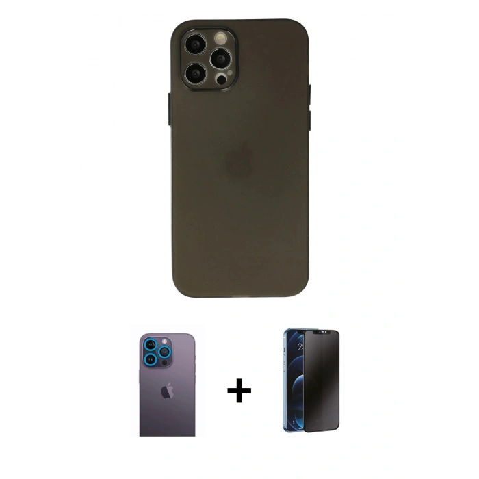 MARSİLYAN™- iPhone 12 Pro Max Kılıf Atlas Minimal Prime - Siyah 3D Antistatik Hayalet Cam Ekran Koruyucu + Neon Fosforlu Kamera Lens - MI