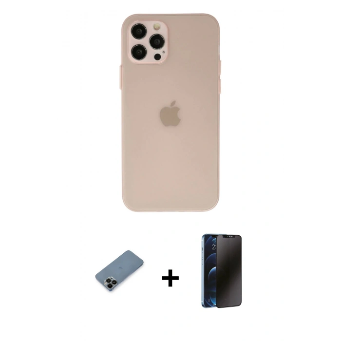 MARSİLYAN™- iPhone 12 Pro Max Kılıf Atlas Minimal Prime - Siyah 3D Antistatik Hayalet Cam Ekran Koruyucu + Shine Kamera Lens Koruma Cam - SH
