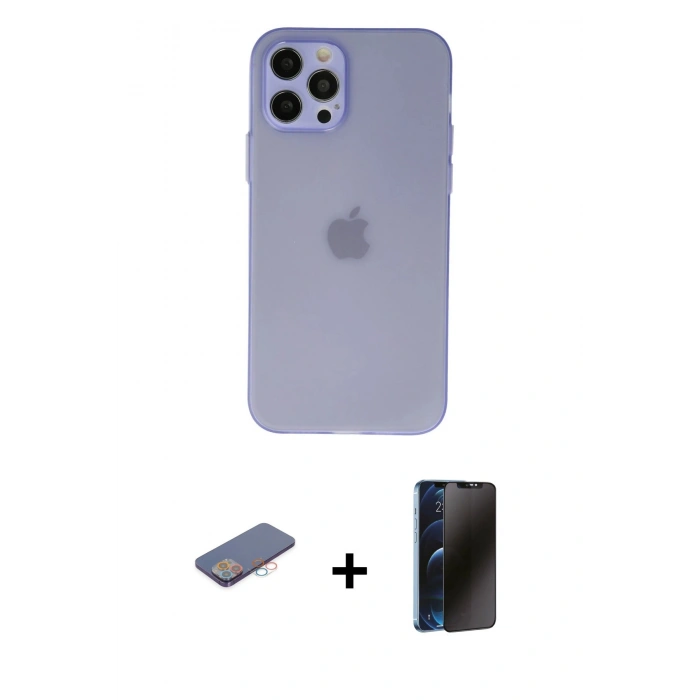 MARSİLYAN™- iPhone 12 Pro Max Kılıf Atlas Minimal Prime - Siyah 3D Antistatik Hayalet Cam Ekran Koruyucu + Renkli Kamera Lens Koruma Cam - PE