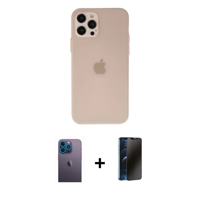 MARSİLYAN™- iPhone 12 Pro Max Kılıf Atlas Minimal Prime - Siyah 3D Antistatik Hayalet Cam Ekran Koruyucu + Neon Fosforlu Kamera Lens - MI