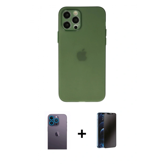 MARSİLYAN™- iPhone 12 Pro Max Kılıf Atlas Minimal Prime - Siyah 3D Antistatik Hayalet Cam Ekran Koruyucu + Neon Fosforlu Kamera Lens - MI