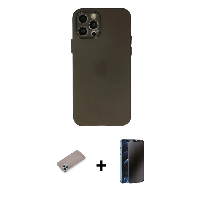 MARSİLYAN™- iPhone 12 Pro Max Kılıf Atlas Minimal Prime - Siyah 3D Antistatik Hayalet Cam Ekran Koruyucu + Sierra Blue Shine Kamera Lens Koruma Cam