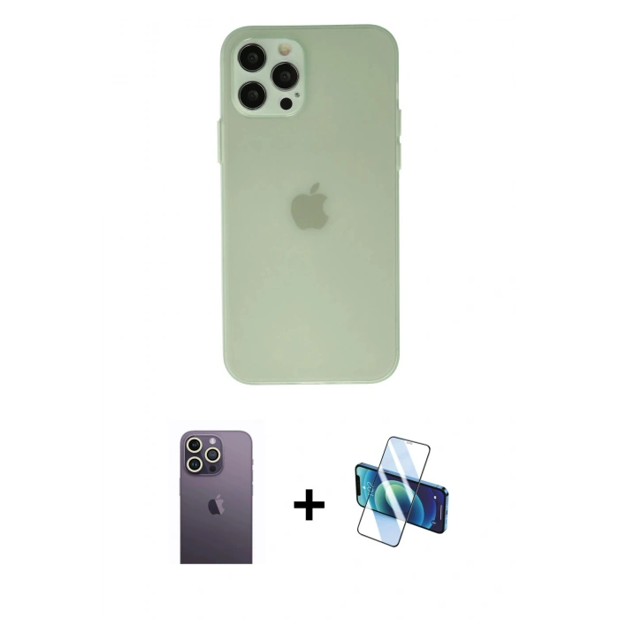 MARSİLYAN™- iPhone 12 Pro Max Kılıf Atlas Minimal Prime - Siyah 3D Antistatik Seramik Nano Ekran Koruyucu + Neon Fosforlu Kamera Lens - BZ