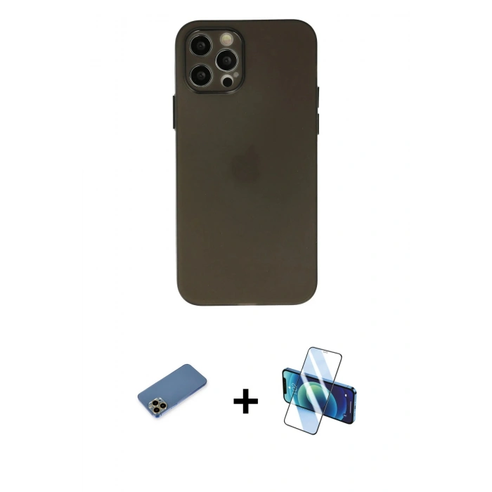 MARSİLYAN™- iPhone 12 Pro Max Kılıf Atlas Minimal Prime - Siyah 3D Antistatik Seramik Nano Ekran Koruyucu + Shine Kamera Lens Koruma Cam - GD