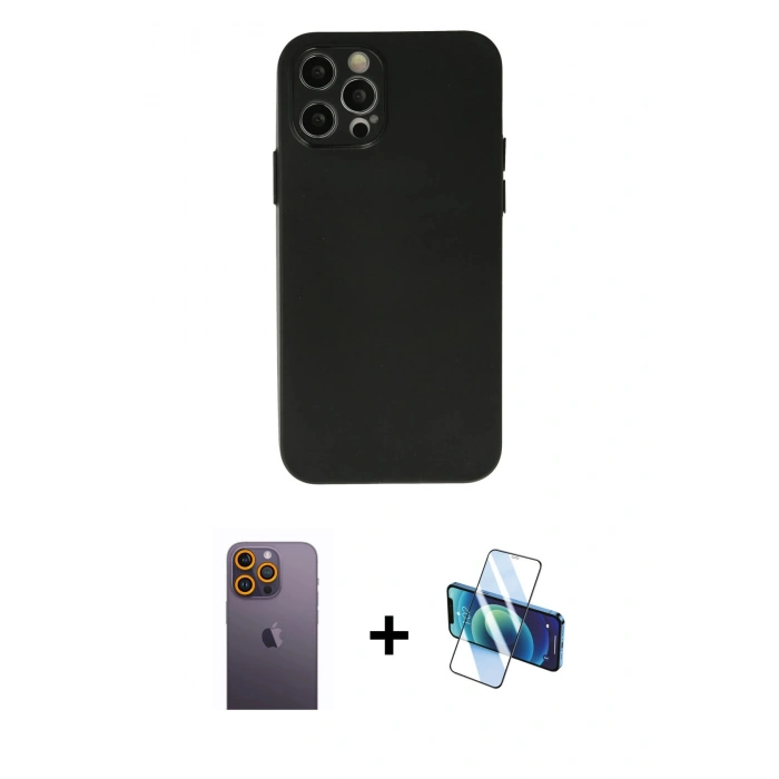 MARSİLYAN™- iPhone 12 Pro Max Kılıf Atlas Minimal Prime - Siyah 3D Antistatik Seramik Nano Ekran Koruyucu + Neon Fosforlu Kamera Lens - SI