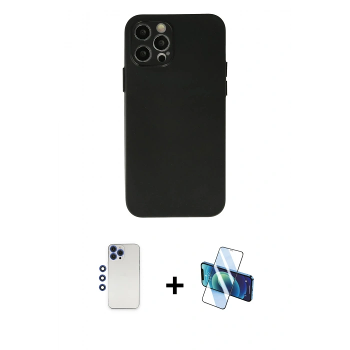 MARSİLYAN™- iPhone 12 Pro Max Kılıf Atlas Minimal Prime - Siyah 3D Antistatik Seramik Nano Ekran Koruyucu + Shine Kamera Lens - LT
