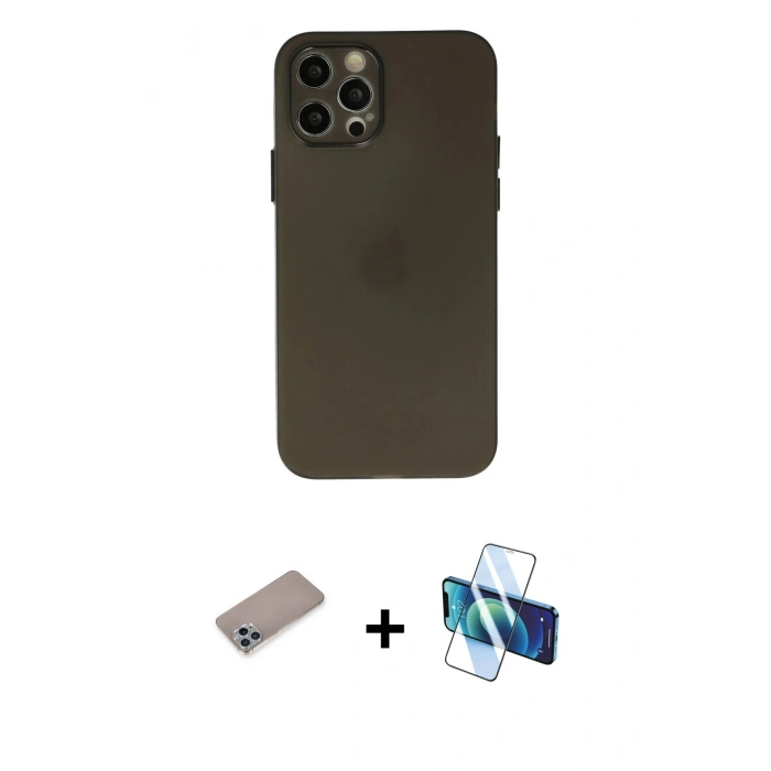 MARSİLYAN™- iPhone 12 Pro Max Kılıf Atlas Minimal Prime - Siyah 3D Antistatik Seramik Nano Ekran Koruyucu + Shine Kamera Lens Koruma Cam - SABE