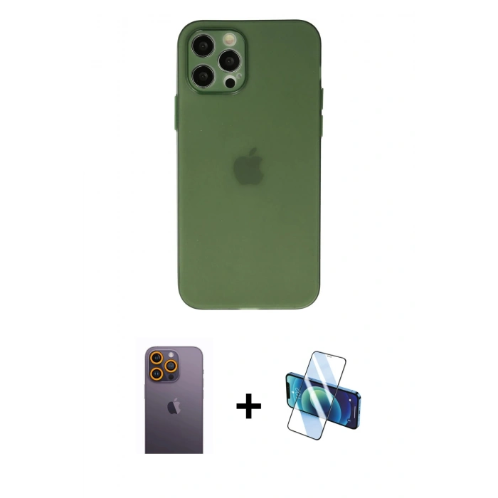 MARSİLYAN™- iPhone 12 Pro Max Kılıf Atlas Minimal Prime - Siyah 3D Antistatik Seramik Nano Ekran Koruyucu + Neon Fosforlu Kamera Lens - SI