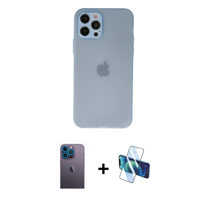 MARSİLYAN™- iPhone 12 Pro Max Kılıf Atlas Minimal Prime - Siyah 3D Antistatik Seramik Nano Ekran Koruyucu + Mavi Neon Fosforlu Kamera Lens