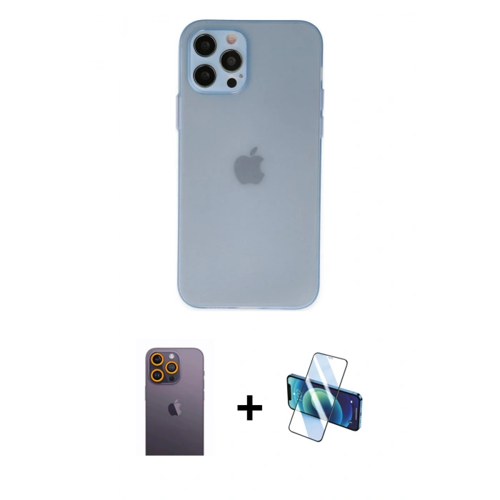 MARSİLYAN™- iPhone 12 Pro Max Kılıf Atlas Minimal Prime - Siyah 3D Antistatik Seramik Nano Ekran Koruyucu + Neon Fosforlu Kamera Lens - SI