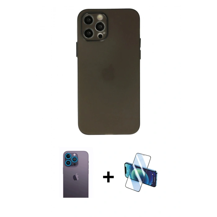 MARSİLYAN™- iPhone 12 Pro Max Kılıf Atlas Minimal Prime - Siyah 3D Antistatik Seramik Nano Ekran Koruyucu + Mavi Neon Fosforlu Kamera Lens