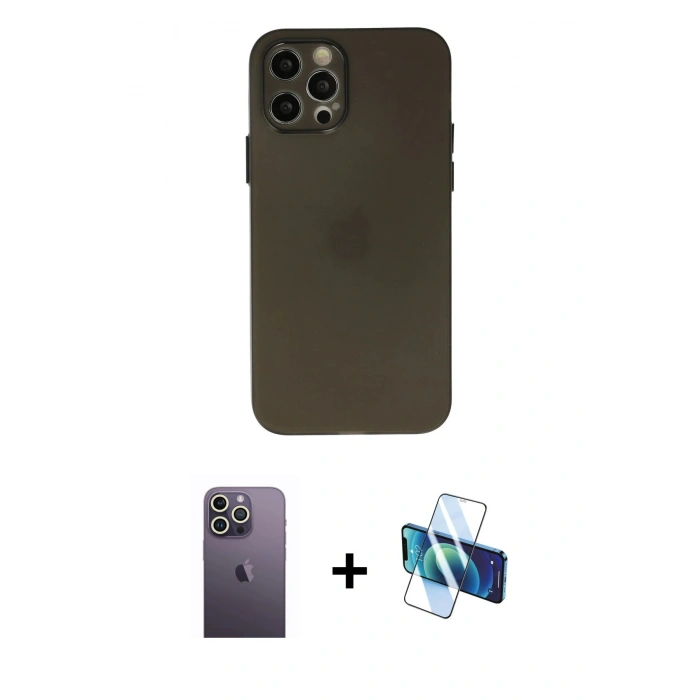 MARSİLYAN™- iPhone 12 Pro Max Kılıf Atlas Minimal Prime - Siyah 3D Antistatik Seramik Nano Ekran Koruyucu + Neon Fosforlu Kamera Lens - BZ