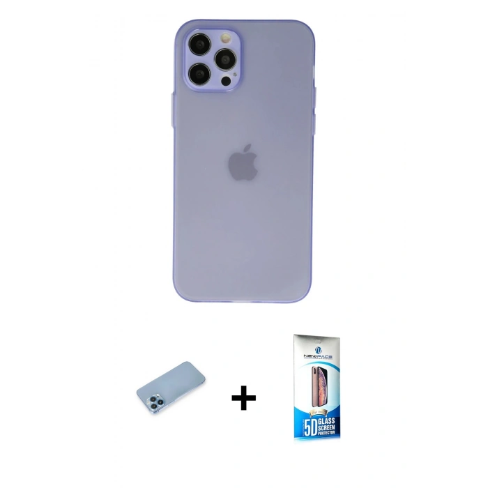 MARSİLYAN™- iPhone 12 Pro Max Kılıf Atlas Minimal Prime - Siyah 5D Eko Cam Ekran Koruyucu + Mavi Shine Kamera Lens Koruma Cam