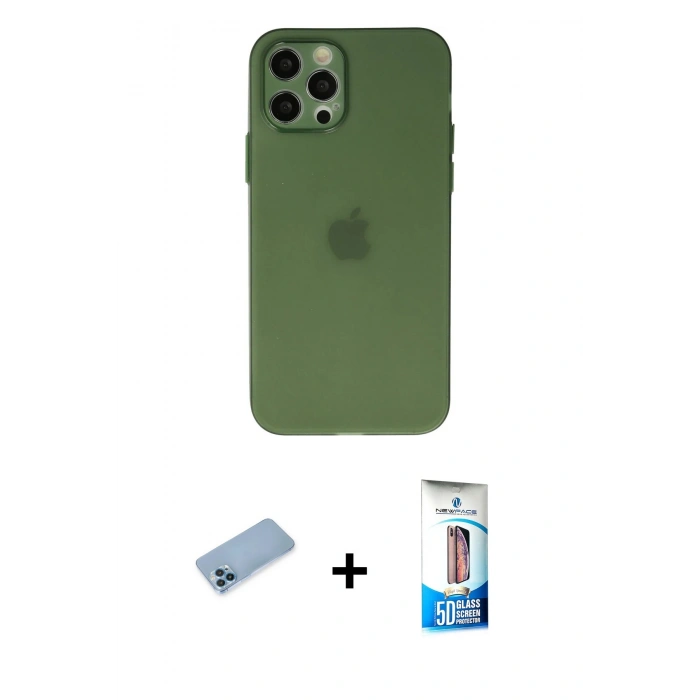 MARSİLYAN™- iPhone 12 Pro Max Kılıf Atlas Minimal Prime - Siyah 5D Eko Cam Ekran Koruyucu + Mavi Shine Kamera Lens Koruma Cam