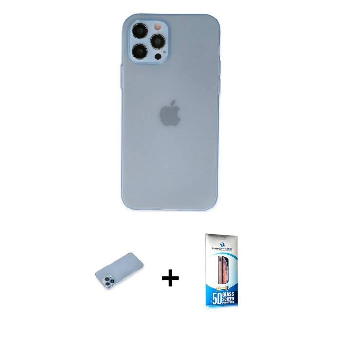 MARSİLYAN™- iPhone 12 Pro Max Kılıf Atlas Minimal Prime - Siyah 5D Eko Cam Ekran Koruyucu + Mavi Shine Kamera Lens Koruma Cam