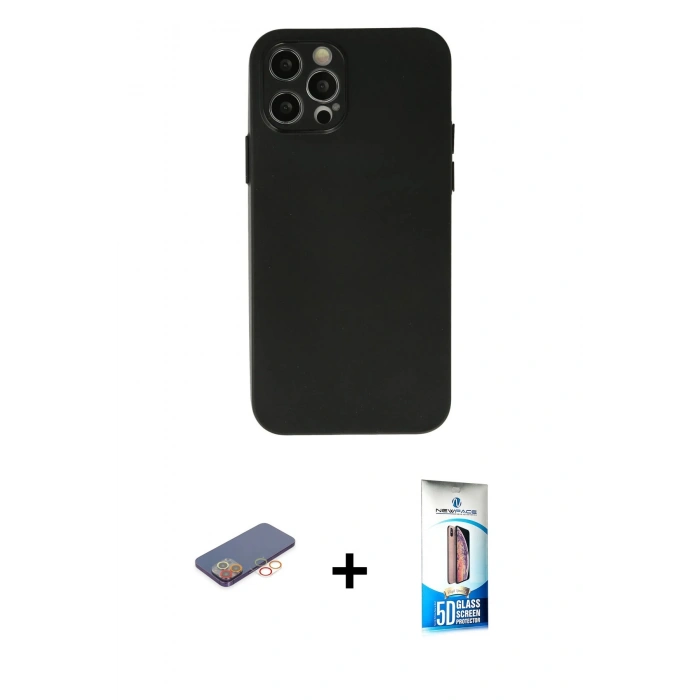MARSİLYAN™- iPhone 12 Pro Max Kılıf Atlas Minimal Prime - Siyah 5D Eko Cam Ekran Koruyucu + Renkli Kamera Lens Koruma Cam - TU