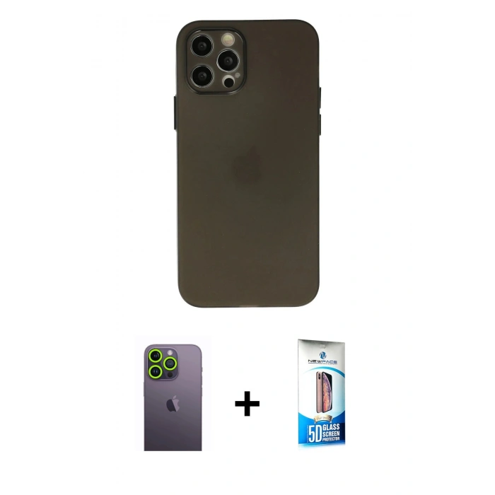 MARSİLYAN™- iPhone 12 Pro Max Kılıf Atlas Minimal Prime - Siyah 5D Eko Cam Ekran Koruyucu + Neon Fosforlu Kamera Lens - YL