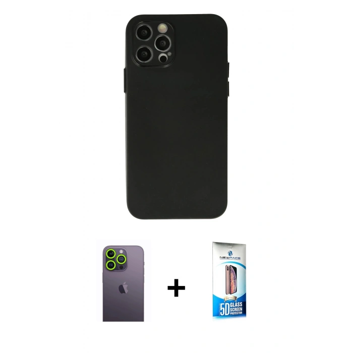 MARSİLYAN™- iPhone 12 Pro Max Kılıf Atlas Minimal Prime - Siyah 5D Eko Cam Ekran Koruyucu + Neon Fosforlu Kamera Lens - YL