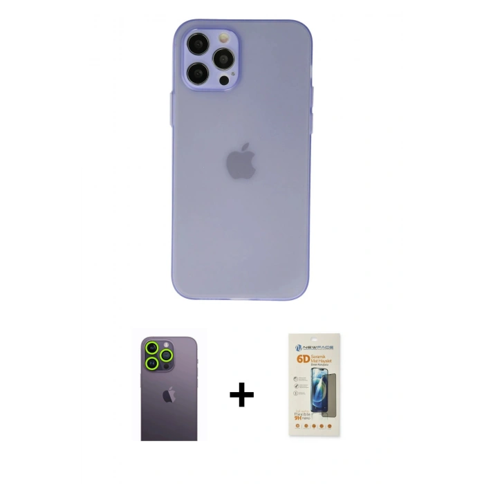 MARSİLYAN™- iPhone 12 Pro Max Kılıf Atlas Minimal Prime - Siyah 6D Mat Seramik Hayalet Nano Ekran Koruyucu + Neon Fosforlu Kamera Lens - YL