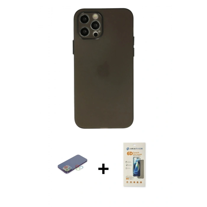 MARSİLYAN™- iPhone 12 Pro Max Kılıf Atlas Minimal Prime - Siyah 6D Mat Seramik Hayalet Nano Ekran Koruyucu + Mavi Renkli Kamera Lens Koruma Cam