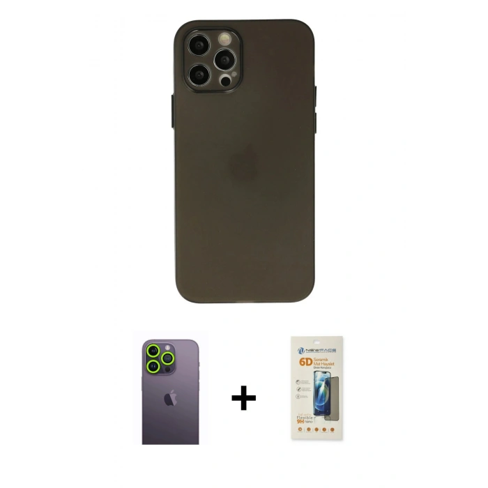 MARSİLYAN™- iPhone 12 Pro Max Kılıf Atlas Minimal Prime - Siyah 6D Mat Seramik Hayalet Nano Ekran Koruyucu + Neon Fosforlu Kamera Lens - YL