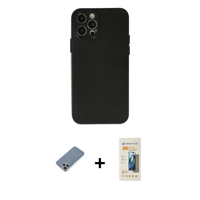MARSİLYAN™- iPhone 12 Pro Max Kılıf Atlas Minimal Prime - Siyah 6D Mat Seramik Hayalet Nano Ekran Koruyucu + Gümüş Metal Kamera Lens Koruma Cam