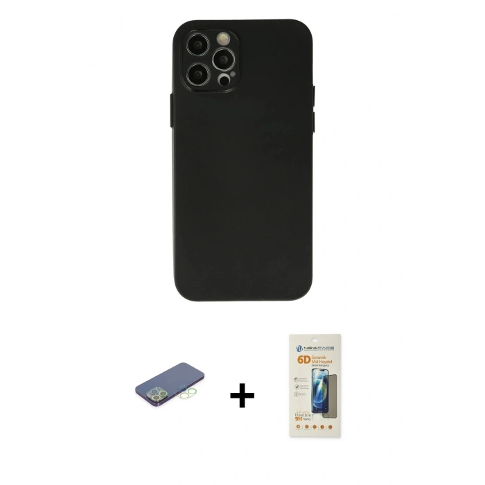 MARSİLYAN™- iPhone 12 Pro Max Kılıf Atlas Minimal Prime - Siyah 6D Mat Seramik Hayalet Nano Ekran Koruyucu + Renkli Kamera Lens Koruma Cam - YL