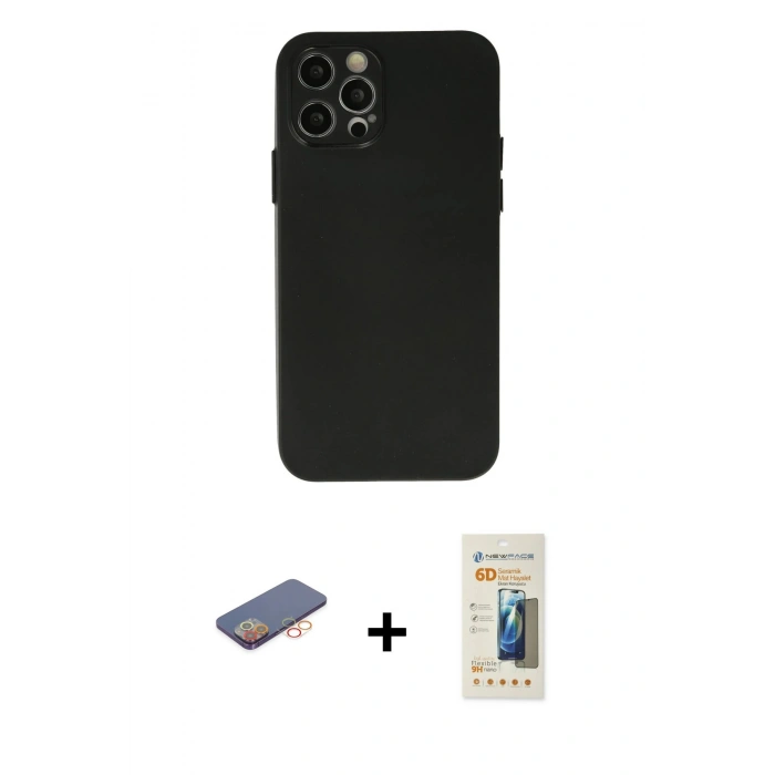 MARSİLYAN™- iPhone 12 Pro Max Kılıf Atlas Minimal Prime - Siyah 6D Mat Seramik Hayalet Nano Ekran Koruyucu + Renkli Kamera Lens Koruma Cam - TU