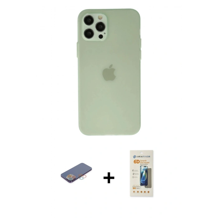 MARSİLYAN™- iPhone 12 Pro Max Kılıf Atlas Minimal Prime - Siyah 6D Mat Seramik Hayalet Nano Ekran Koruyucu + Renkli Kamera Lens Koruma Cam - PE