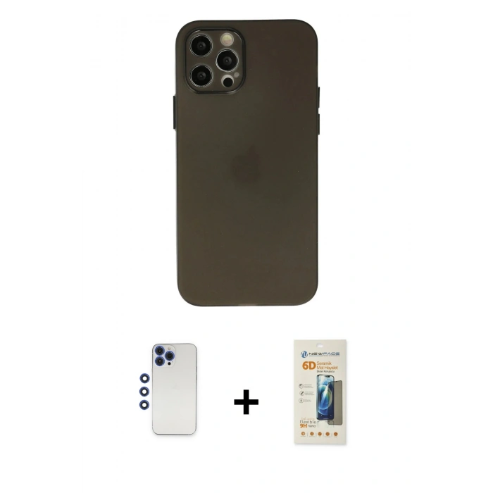 MARSİLYAN™- iPhone 12 Pro Max Kılıf Atlas Minimal Prime - Siyah 6D Mat Seramik Hayalet Nano Ekran Koruyucu + Shine Kamera Lens - LT