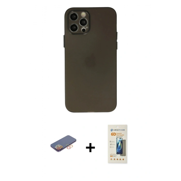 MARSİLYAN™- iPhone 12 Pro Max Kılıf Atlas Minimal Prime - Siyah 6D Mat Seramik Hayalet Nano Ekran Koruyucu + Renkli Kamera Lens Koruma Cam - TU