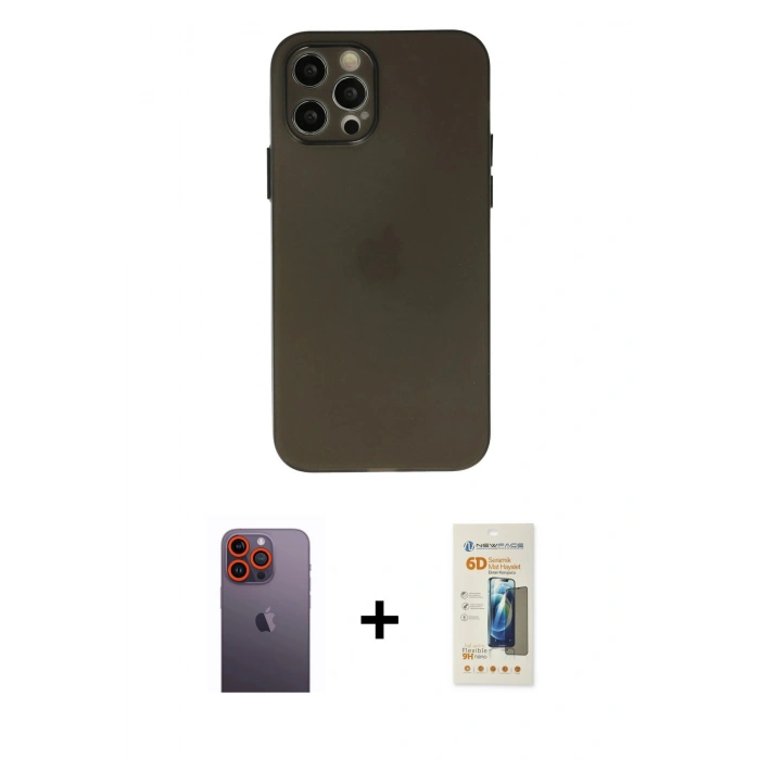 MARSİLYAN™- iPhone 12 Pro Max Kılıf Atlas Minimal Prime - Siyah 6D Mat Seramik Hayalet Nano Ekran Koruyucu + Neon Fosforlu Kamera Lens - TU