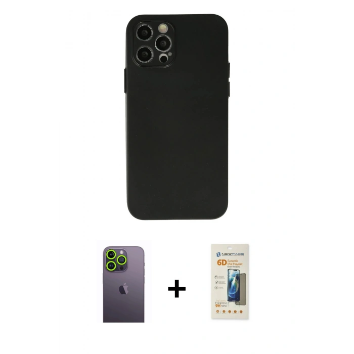 MARSİLYAN™- iPhone 12 Pro Max Kılıf Atlas Minimal Prime - Siyah 6D Mat Seramik Hayalet Nano Ekran Koruyucu + Neon Fosforlu Kamera Lens - YL